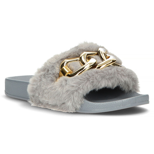 Flip flops with fur gold chain QT300 grey